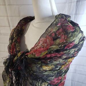 Vintage Beautiful Boho Red Rose Sheer Black Fringe Scarf Wrap Womens 40x37